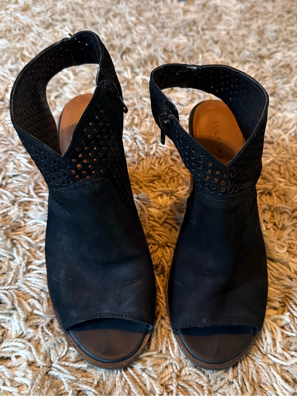 Lucky Brand Black Perforated Peep-Toe Mules Zip Up Size 9 GUC
